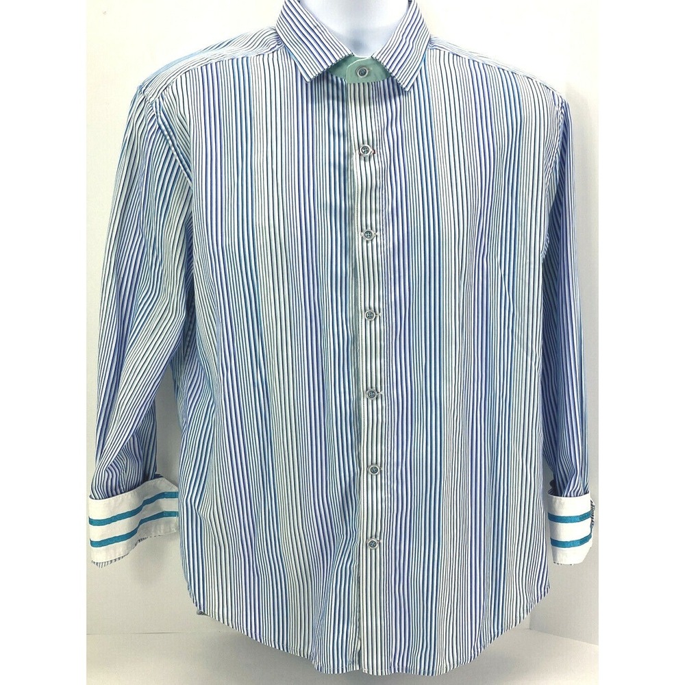Robert Graham X Collection Mens Size Large Sport Flip Cuff Blue Teal Stripe